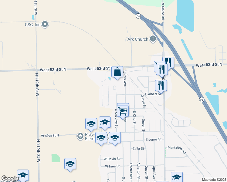 map of restaurants, bars, coffee shops, grocery stores, and more near 200 West Albert Street in Maize