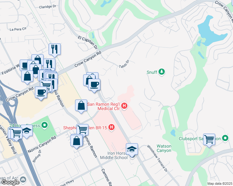 map of restaurants, bars, coffee shops, grocery stores, and more near 327 Norris Canyon Terrace in San Ramon