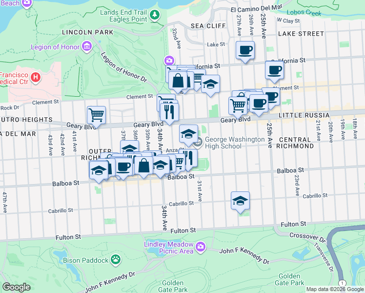 map of restaurants, bars, coffee shops, grocery stores, and more near 610 33rd Avenue in San Francisco
