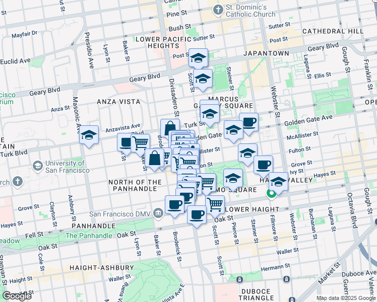 map of restaurants, bars, coffee shops, grocery stores, and more near 1578 McAllister Street in San Francisco
