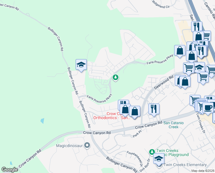 map of restaurants, bars, coffee shops, grocery stores, and more near 310 Hillcrest Court in San Ramon