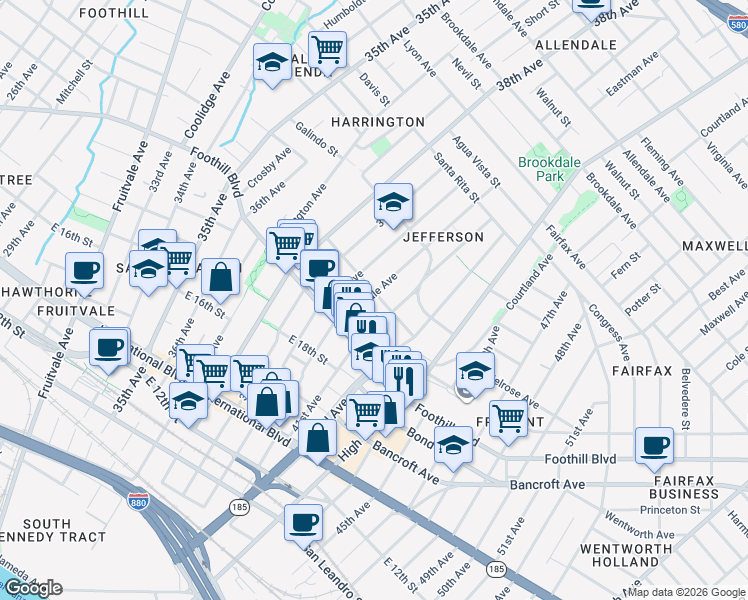 map of restaurants, bars, coffee shops, grocery stores, and more near 1961 41st Avenue in Oakland