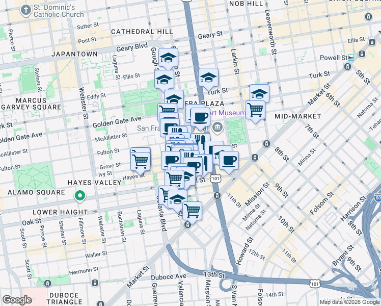 map of restaurants, bars, coffee shops, grocery stores, and more near Franklin Street & Grove Street in San Francisco