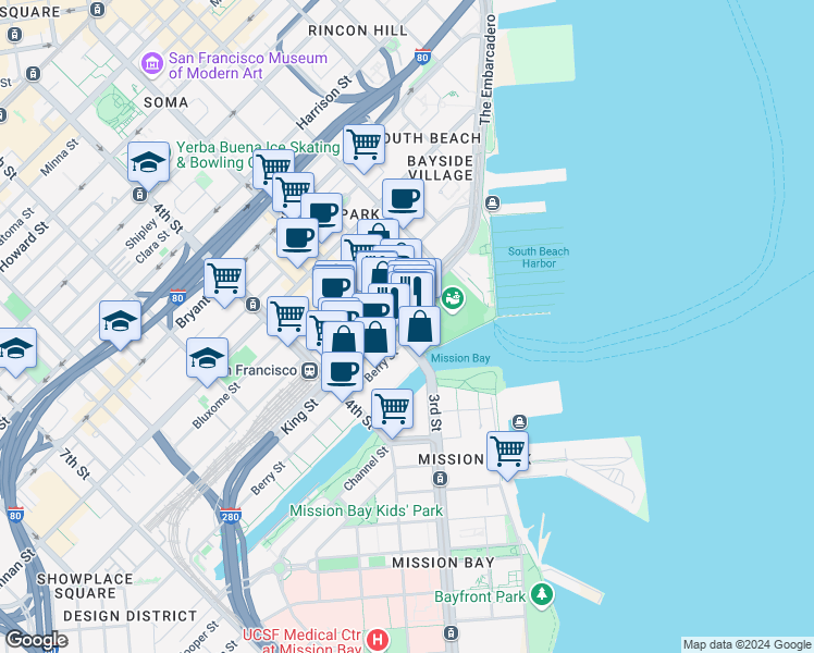 map of restaurants, bars, coffee shops, grocery stores, and more near 24 King Street in San Francisco