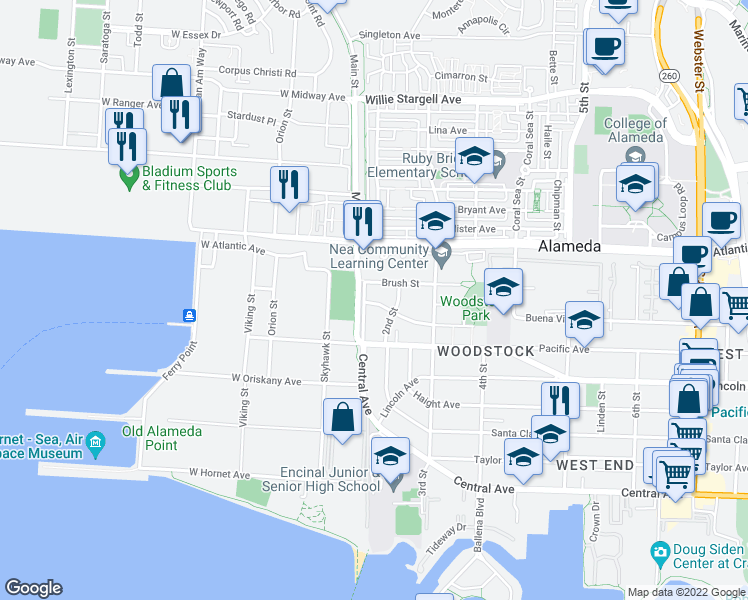 map of restaurants, bars, coffee shops, grocery stores, and more near 107 Cypress Street in Alameda