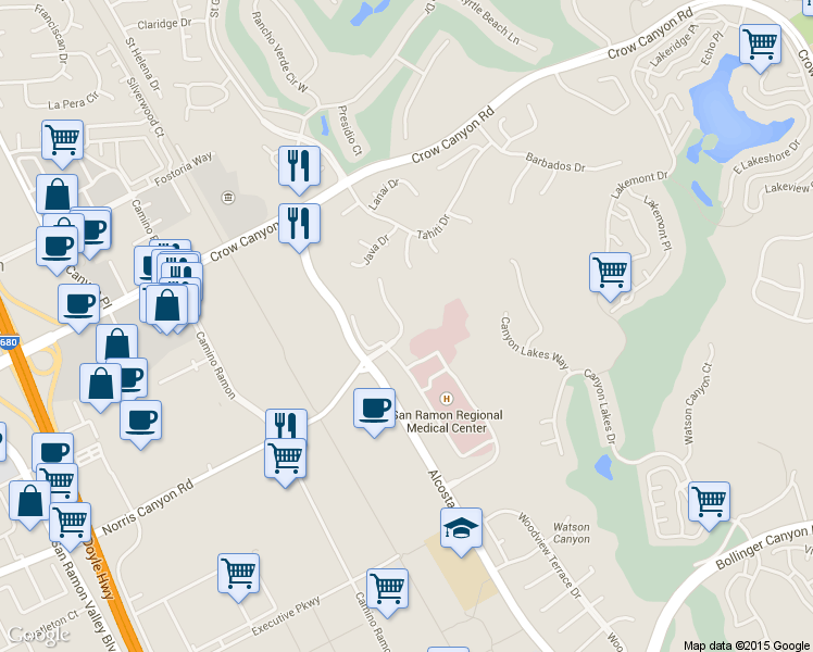 map of restaurants, bars, coffee shops, grocery stores, and more near 327 Norris Canyon Terrace in San Ramon