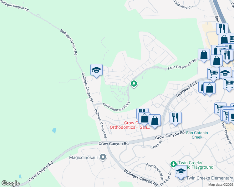 map of restaurants, bars, coffee shops, grocery stores, and more near 18884 Bollinger Canyon Road in San Ramon
