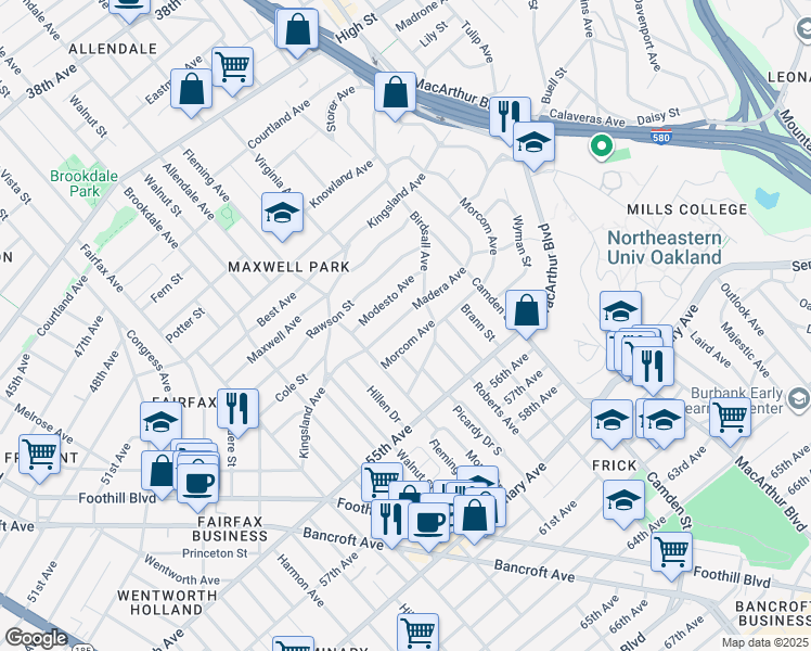 map of restaurants, bars, coffee shops, grocery stores, and more near 2859 Morcom Avenue in Oakland