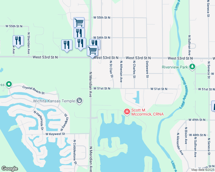 map of restaurants, bars, coffee shops, grocery stores, and more near 2200 W 51st Street North in Wichita