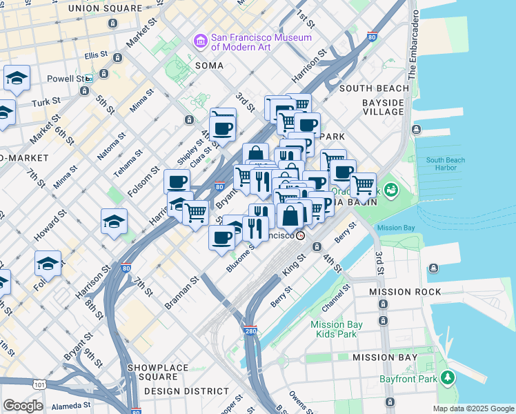 map of restaurants, bars, coffee shops, grocery stores, and more near 530 Brannan Street in San Francisco