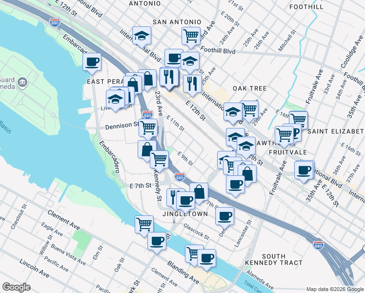 map of restaurants, bars, coffee shops, grocery stores, and more near 2635 East 10th Street in Oakland