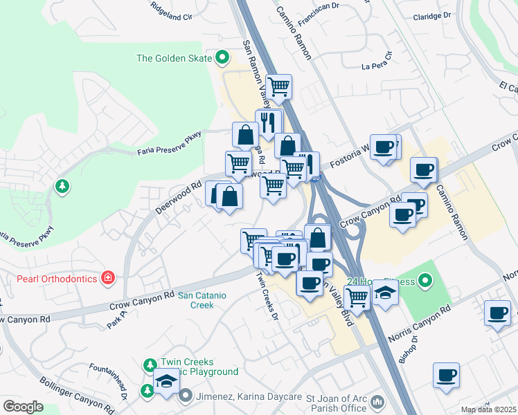 map of restaurants, bars, coffee shops, grocery stores, and more near 1 Crow Canyon Court in San Ramon