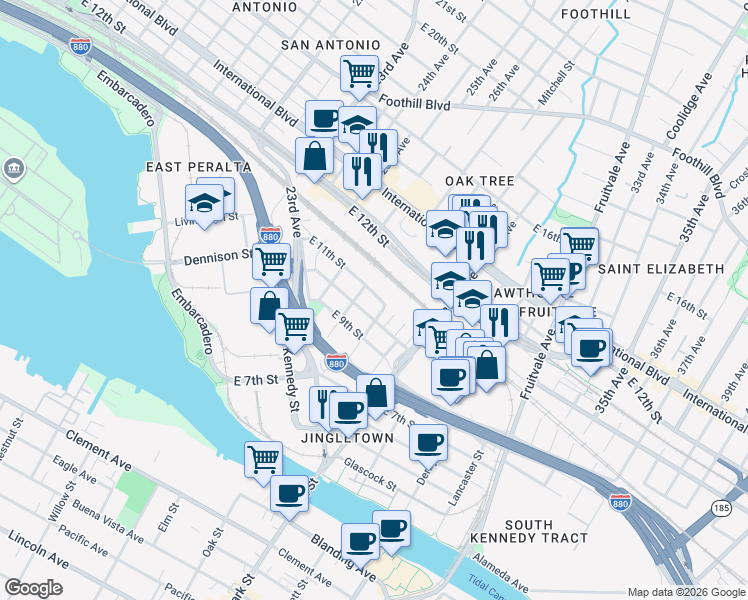 map of restaurants, bars, coffee shops, grocery stores, and more near 2731 East 11th Street in Oakland