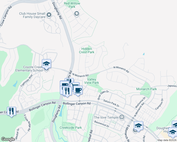 map of restaurants, bars, coffee shops, grocery stores, and more near 11598 North Monarch Road in San Ramon