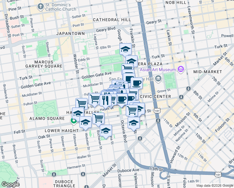 map of restaurants, bars, coffee shops, grocery stores, and more near Octavia St & Birch St in San Francisco