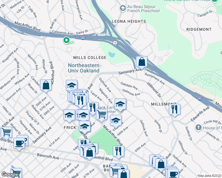 map of restaurants, bars, coffee shops, grocery stores, and more near 6100 Outlook Avenue in Oakland