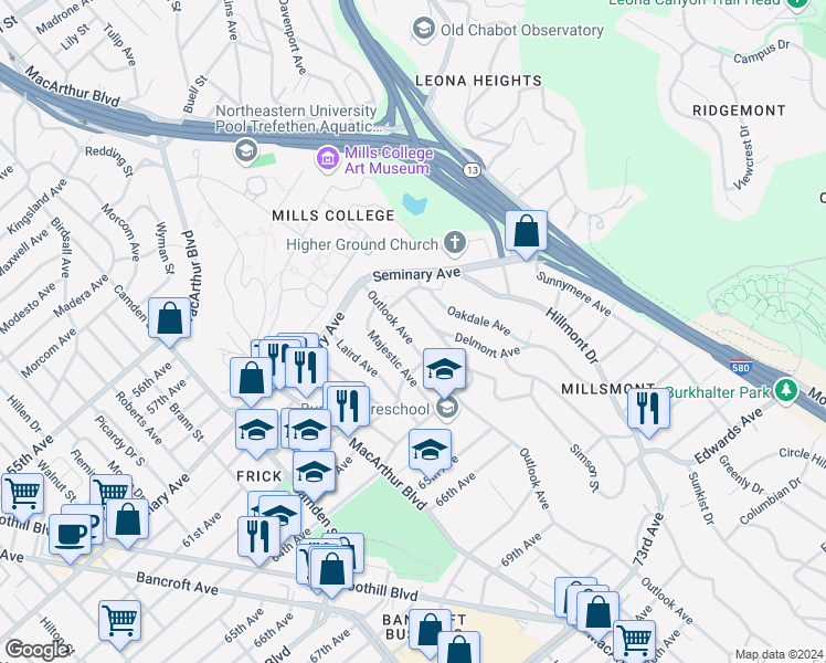 map of restaurants, bars, coffee shops, grocery stores, and more near 6100 Outlook Avenue in Oakland