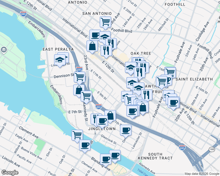 map of restaurants, bars, coffee shops, grocery stores, and more near 2731 East 11th Street in Oakland