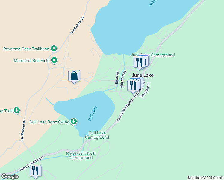 map of restaurants, bars, coffee shops, grocery stores, and more near 49 Granite Ave in June Lake