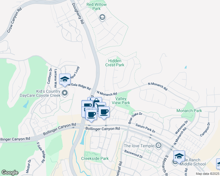 map of restaurants, bars, coffee shops, grocery stores, and more near 100 Elegans Court in San Ramon