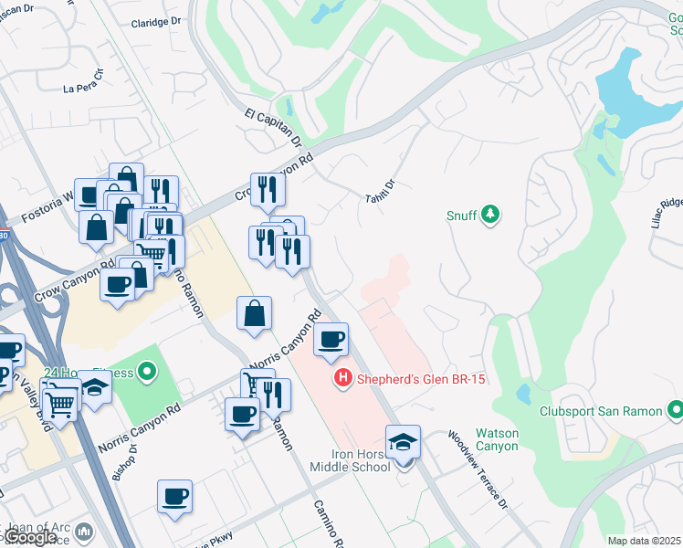 map of restaurants, bars, coffee shops, grocery stores, and more near 281 Norris Canyon Terrace in San Ramon