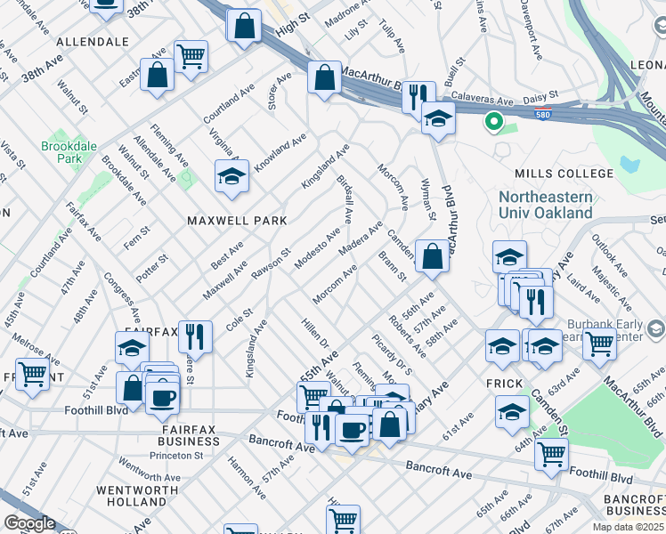 map of restaurants, bars, coffee shops, grocery stores, and more near 2859 Morcom Avenue in Oakland