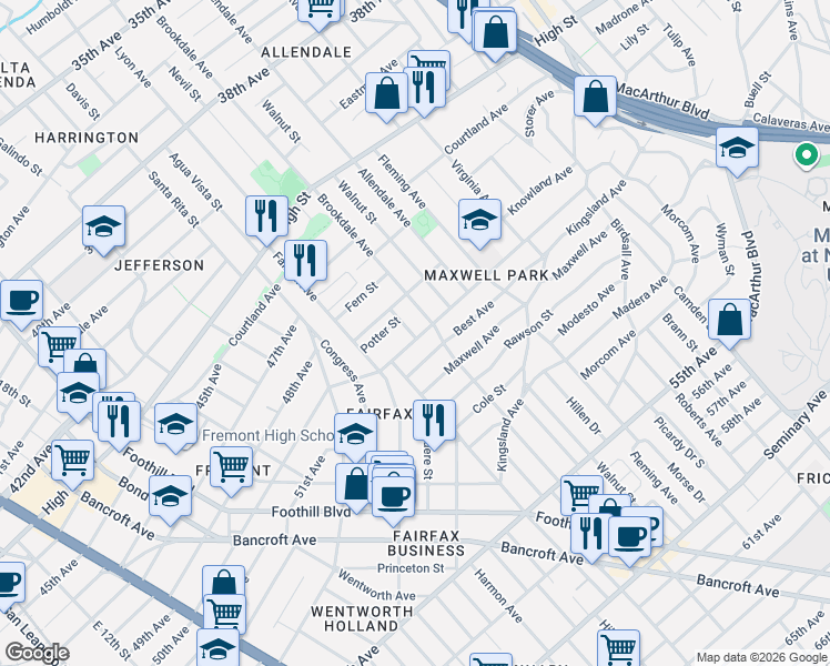 map of restaurants, bars, coffee shops, grocery stores, and more near 2440 Monticello Avenue in Oakland