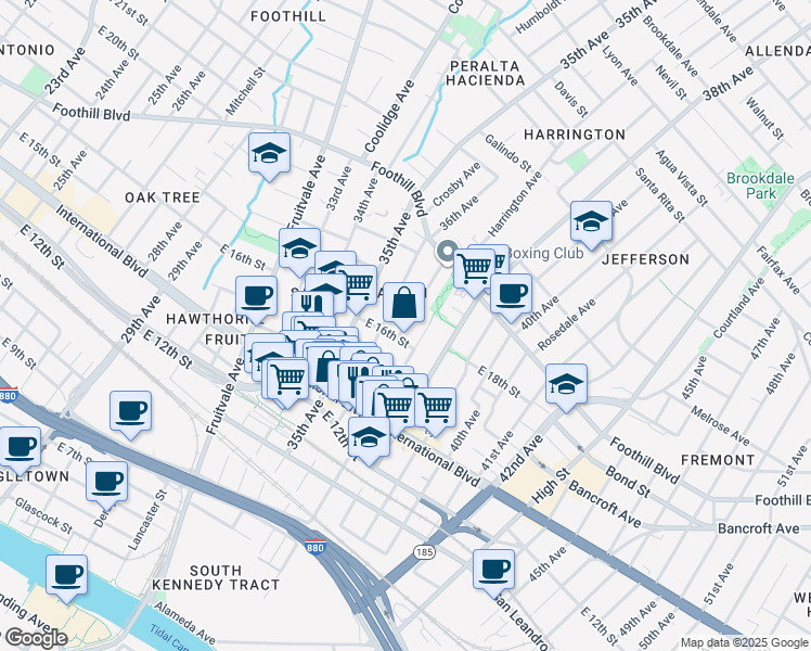 map of restaurants, bars, coffee shops, grocery stores, and more near 3629 East 16th Street in Oakland