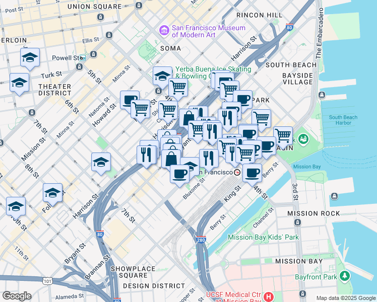 map of restaurants, bars, coffee shops, grocery stores, and more near 175 Freelon Street in San Francisco