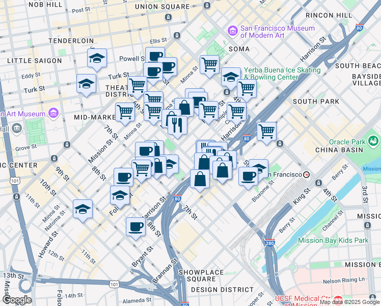 map of restaurants, bars, coffee shops, grocery stores, and more near 1000 Harrison Street in San Francisco