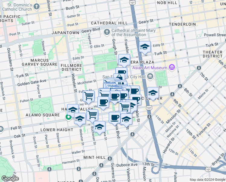 map of restaurants, bars, coffee shops, grocery stores, and more near 465 Grove Street in San Francisco