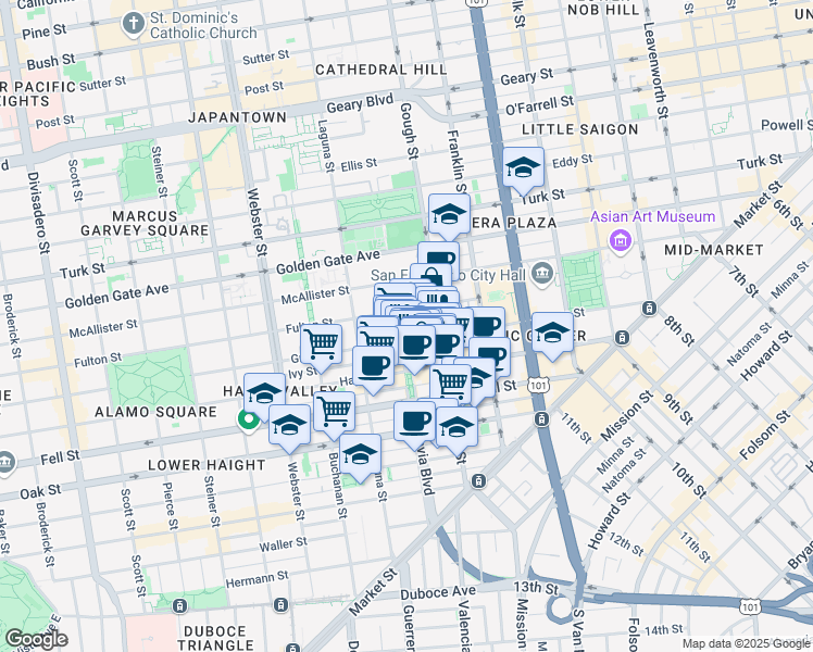 map of restaurants, bars, coffee shops, grocery stores, and more near 465 Grove Street in San Francisco