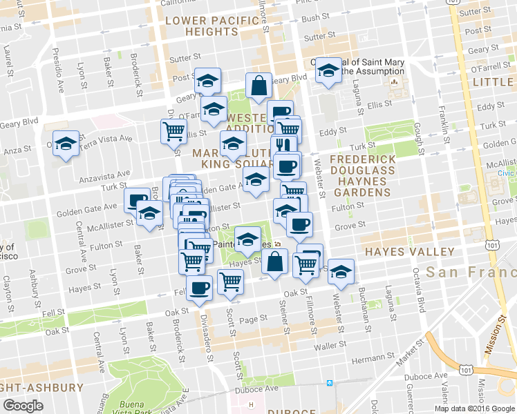 map of restaurants, bars, coffee shops, grocery stores, and more near 1082 Fulton Street in San Francisco