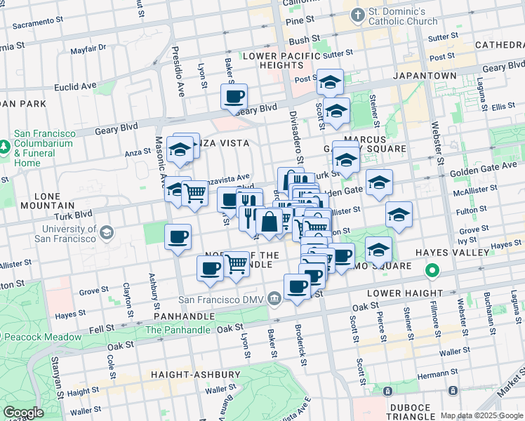 map of restaurants, bars, coffee shops, grocery stores, and more near 1711 McAllister Street in San Francisco