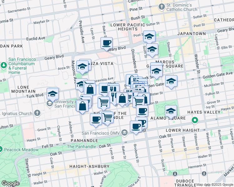 map of restaurants, bars, coffee shops, grocery stores, and more near 705 Baker Street in San Francisco