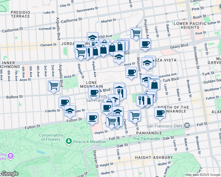 map of restaurants, bars, coffee shops, grocery stores, and more near 40 Chabot Terrace in San Francisco