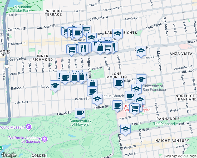 map of restaurants, bars, coffee shops, grocery stores, and more near 3100 Turk Boulevard in San Francisco