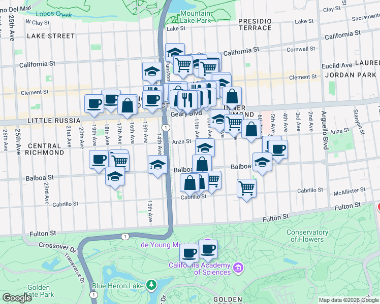 map of restaurants, bars, coffee shops, grocery stores, and more near 576 12th Avenue in San Francisco