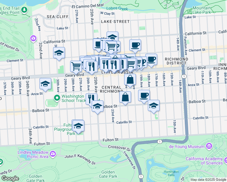 map of restaurants, bars, coffee shops, grocery stores, and more near 541 23rd Avenue in San Francisco