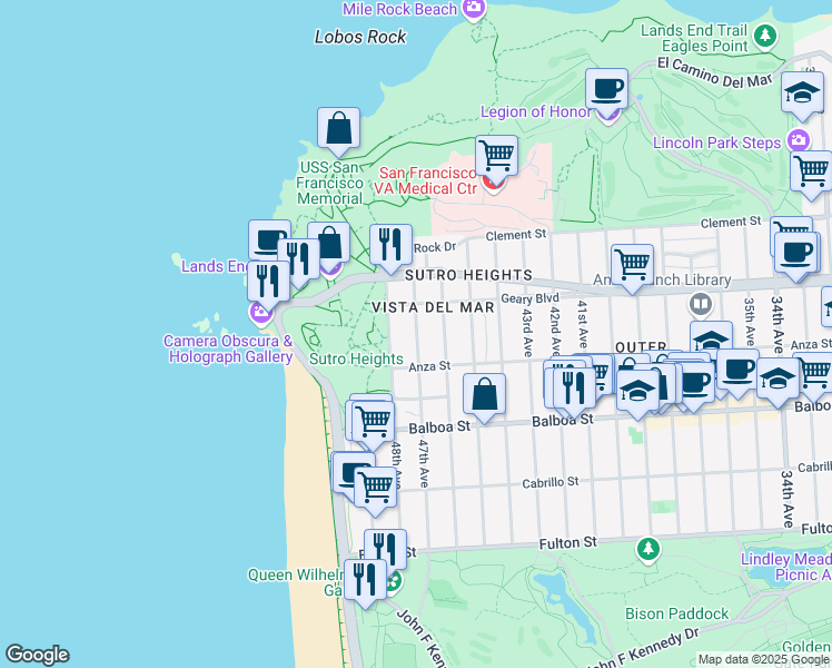 map of restaurants, bars, coffee shops, grocery stores, and more near 576 47th Avenue in San Francisco