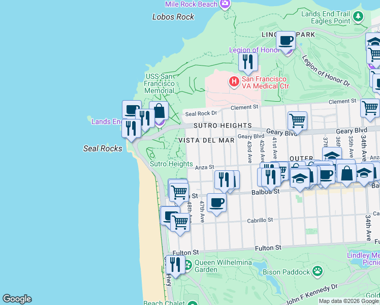 map of restaurants, bars, coffee shops, grocery stores, and more near 574 48th Avenue in San Francisco