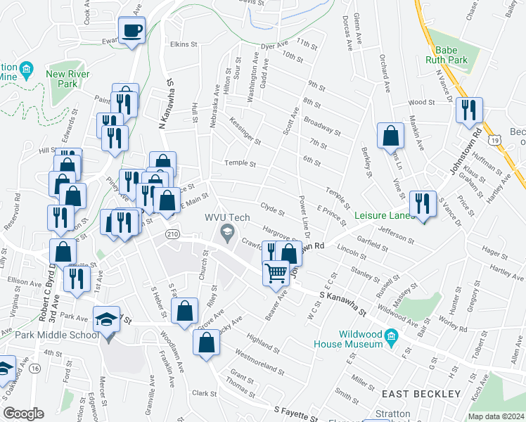 map of restaurants, bars, coffee shops, grocery stores, and more near 213 Hargrove Street in Beckley