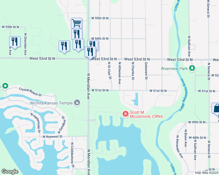 map of restaurants, bars, coffee shops, grocery stores, and more near 2200 W 51st Street North in Wichita