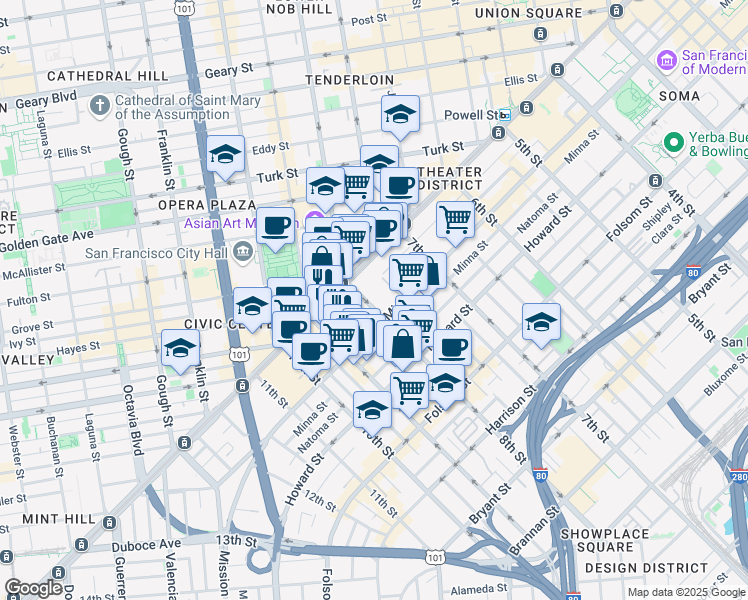 map of restaurants, bars, coffee shops, grocery stores, and more near 1185 Mission Street in San Francisco