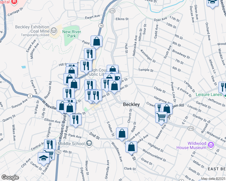 map of restaurants, bars, coffee shops, grocery stores, and more near in Beckley