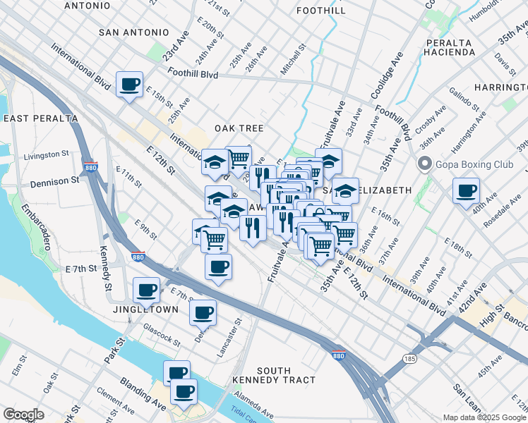 map of restaurants, bars, coffee shops, grocery stores, and more near in Oakland