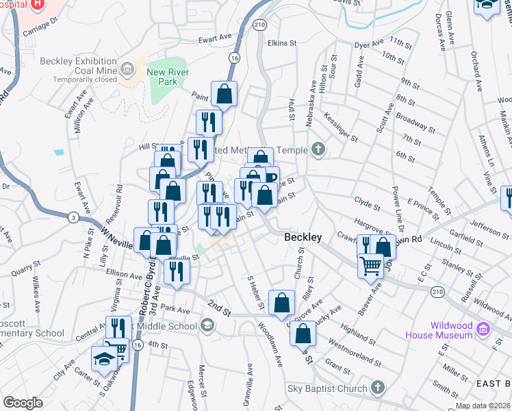 map of restaurants, bars, coffee shops, grocery stores, and more near 102 North Kanawha Street in Beckley