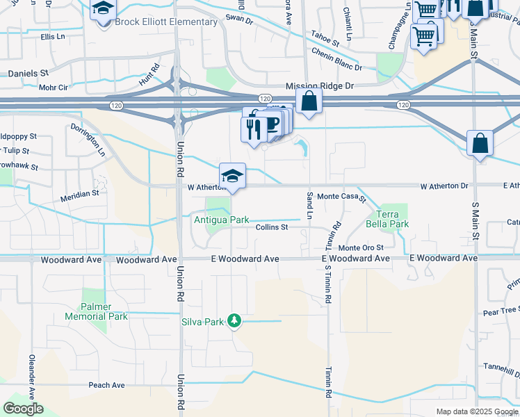 map of restaurants, bars, coffee shops, grocery stores, and more near 1600 Pagola Avenue in Manteca