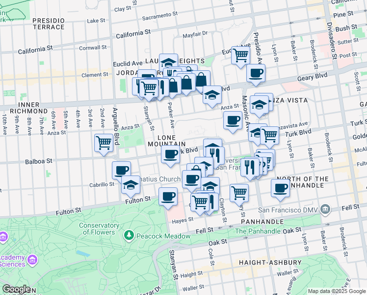 map of restaurants, bars, coffee shops, grocery stores, and more near 31 Temescal Terrace in San Francisco