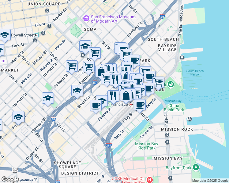 map of restaurants, bars, coffee shops, grocery stores, and more near 525 Brannan Street in San Francisco